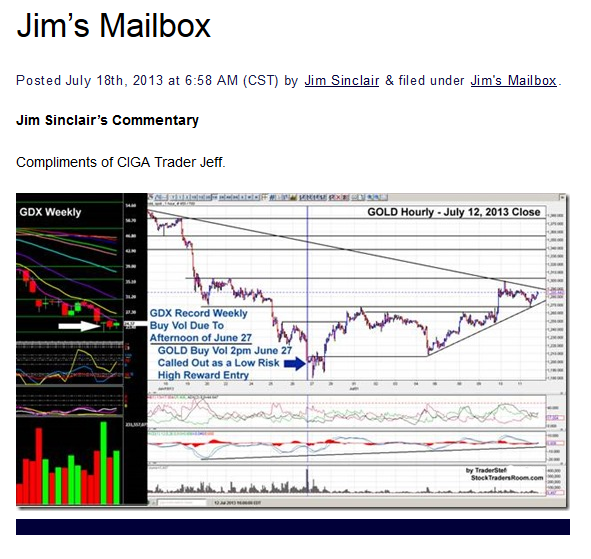 Testimonial of TraderStef Gold Technical Analysis - $100 Successful Swing Trade Posted at Jim Sinclair Mineset July 2013