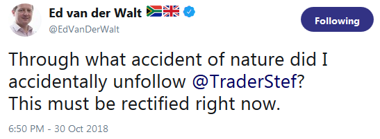 Testimonial from Ed van der Walt at Bloomberg - must follow TraderStef October 2018