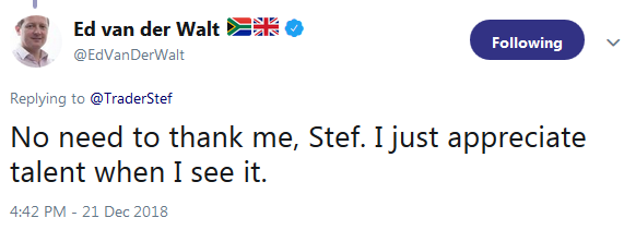 Testimonial from Ed van der Walt at Bloomberg - recognize talent when I see it December 2018