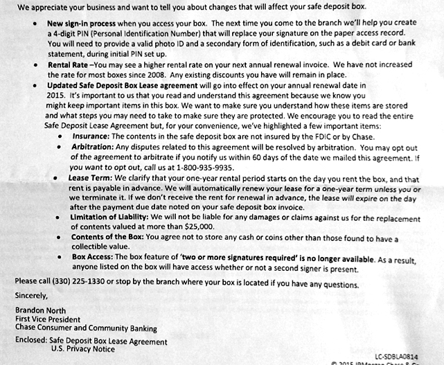 Chase Bank Safe Deposit Regulations 2015