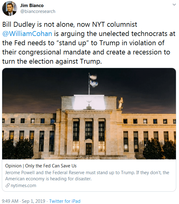 Jim Bianco on Twitter - Bill Dudley is not alone, now NYT arguing recession to turn 2020 Election