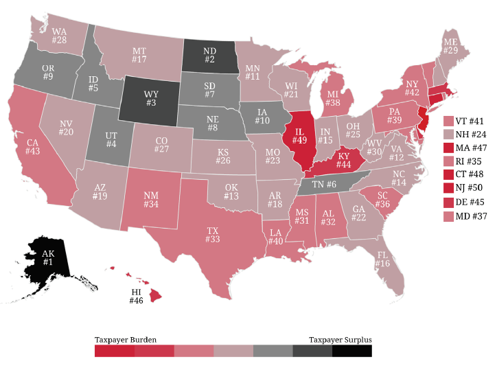 Map of United States Tax Burden Ranking