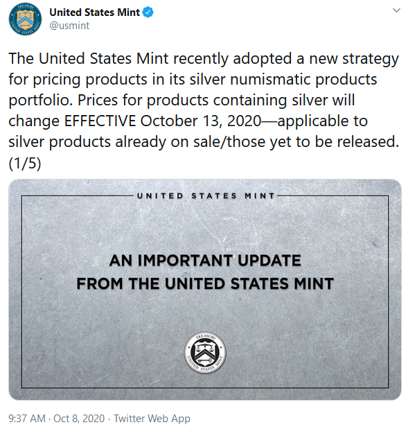 United States Mint Twitter Silver Price Reset Announcement