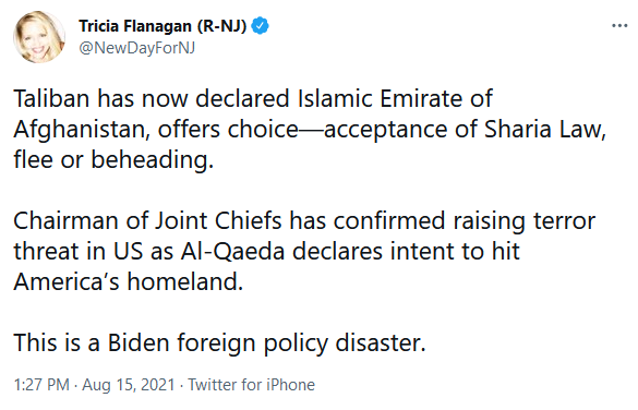 Tricia Flanagan on Twitter re: Terror Threat to U.S. with Taliban Controlling Afganistan