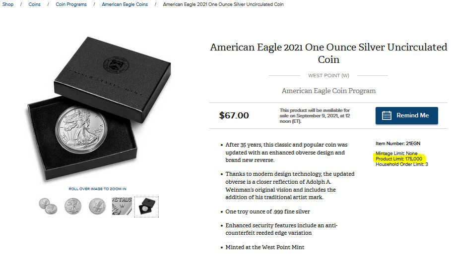 American Eagle BU 1oz W Sep. 9, 2021 US Mint Release