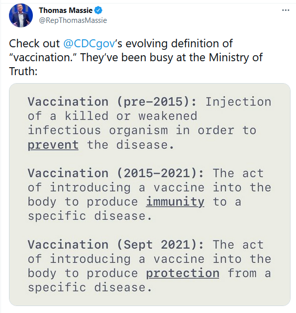 Thomas Massie Twitter - Evolving CDC Definition of a Vaccination