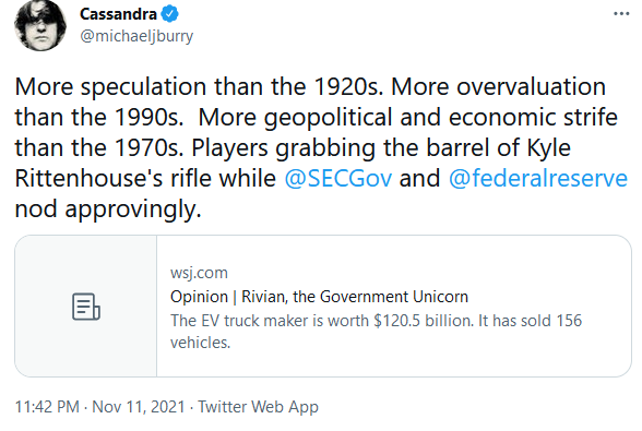 Micheal J Burry Twitter Calls Out Insane Markets - Nov. 11, 2021