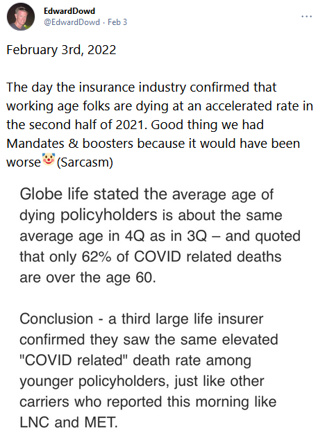Edward Dowd on GETTR - Feb. 3, 2022 The Day Insurance Industry Confirmed Accelerated Deaths in 3Q-4Q21