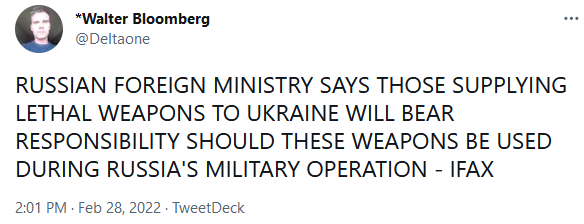 Russia Warns Those Supplying Lethal Weapons to Ukraine Will Bear Responsibility