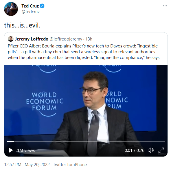 Senator Ted Cruz Twitter on Pfizer's Evil Microchip in a Pill