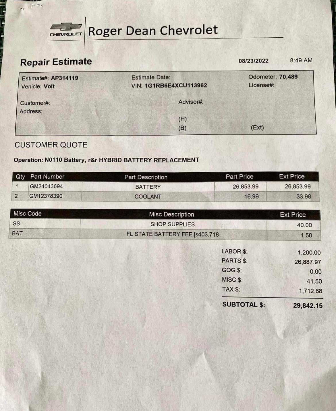 29k Battery Replacement Invoice for Chevy Volt Aug. 2022