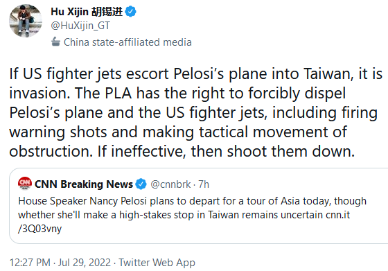 Hu Xijin Twitter on PLA Figher Jets to Fire Warning Shots or Shoot Down Pelosi's Plane