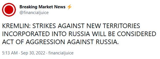 Kremlin: Strikes Against New Territories Will Be Considered Act of Agression Against Russia Sep. 30, 2022
