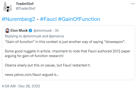 Elon Musk Twitter on Fauci Gain of Function - Bioweapon