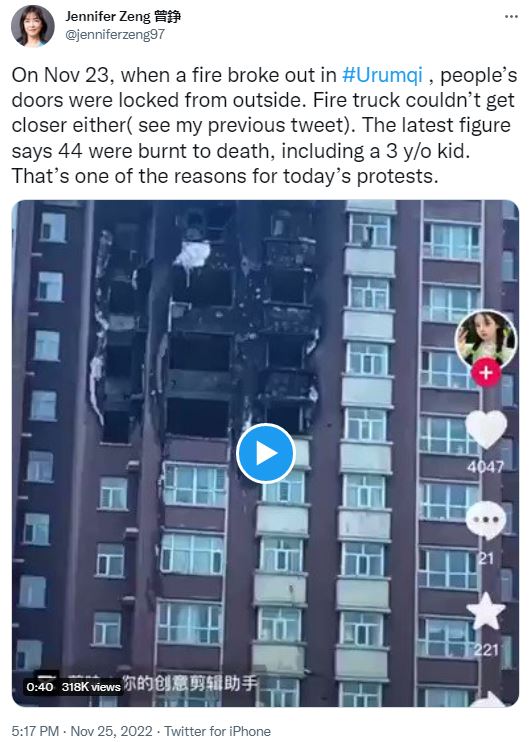 Jennifer Zen Twitter on Apartment Building Fire in China