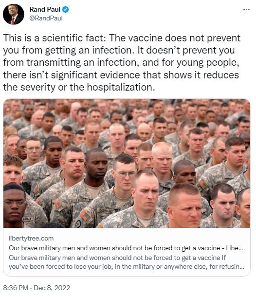 Rand Paul Twitter on Ending Jab Mandate for Military Dec. 8, 2022