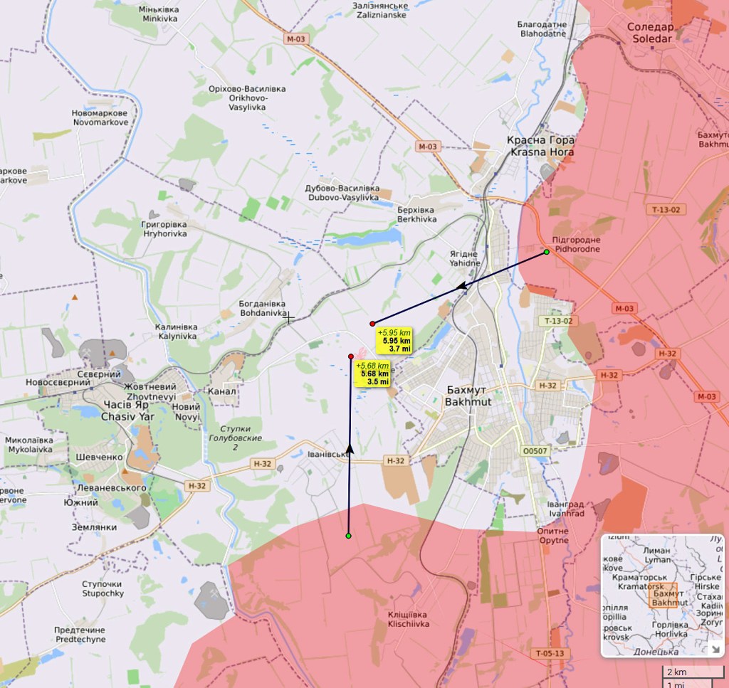 Bakhmut Encirclement Map - Russian Artillery Cutoff of Ukraine Supply Lines