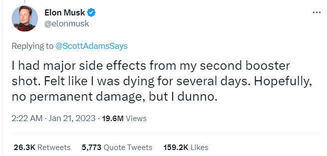 Elon Musk Twitter on His and Family Adverse Reaction from COVID Vaccine