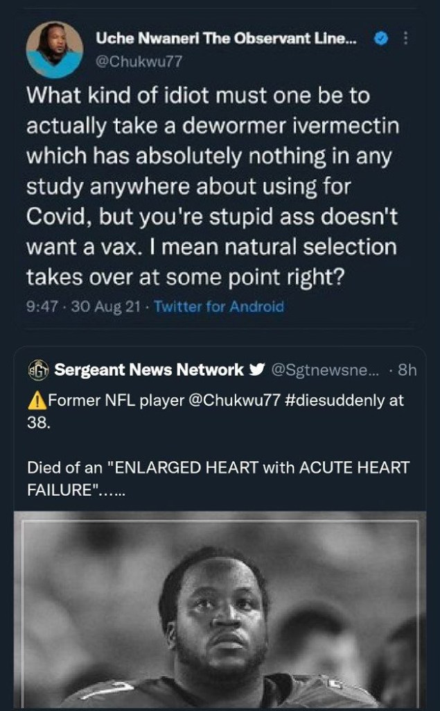 Twitter NFL Player Uche Nwanerl Ridiculed Unvaccinated Then Died Suddenly