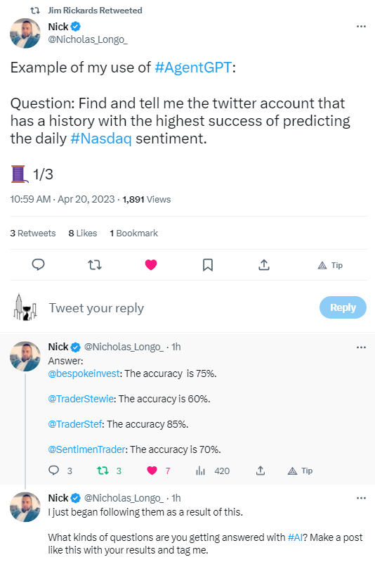 Nick Longo Twitter AgentGPT Q - TraderStef Highest Rating - Jim Rickards RT