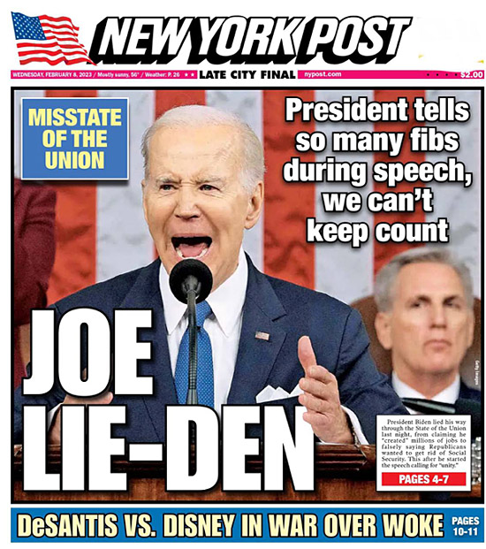 Joe Lie-Den SOTU Speech Cover - New York Post, Feb. 2023
