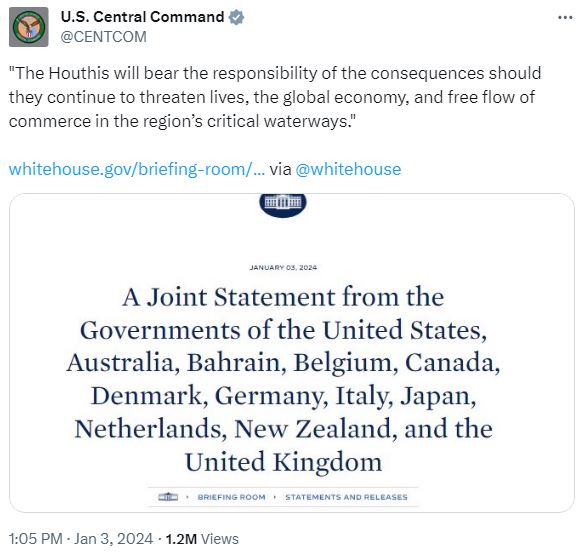 U.S. CENTCOM Warning to Houthis - Jan. 3, 2023