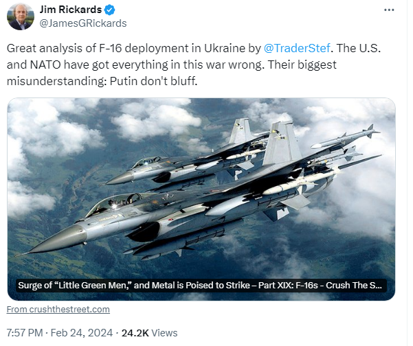Jim Rickards Promotes XIX F16 Article on Twitter