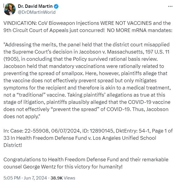 9th Circuit Court of Appeals Concurred mRNA Jab not a Vaccine - June 7, 2024