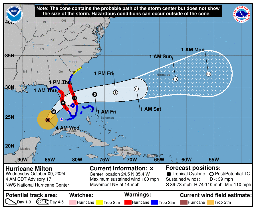 Milton Advisory 17 Track & Cone Oct. 9, 5am ET - NHC