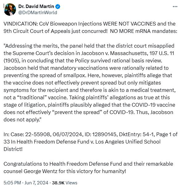 9th Circuit Court of Appeals Concurred mRNA Jab not a Vaccine - June 7, 2024