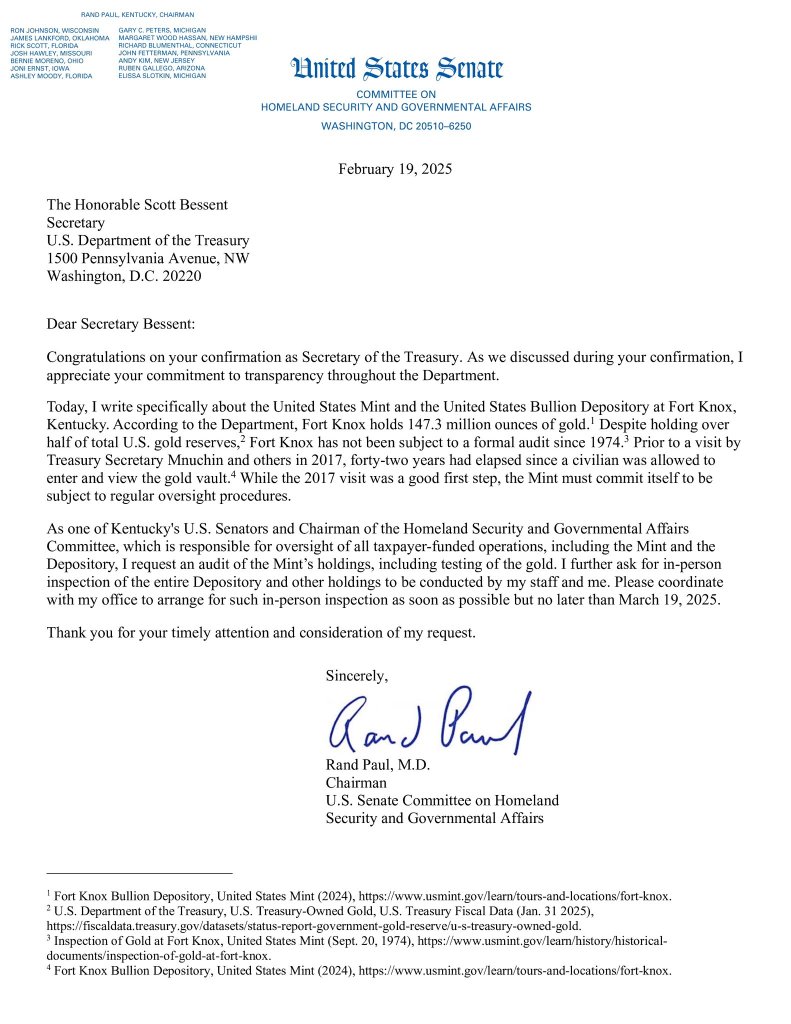 Sen. Rand Paul's Request to Audit Gold at Fort Knox